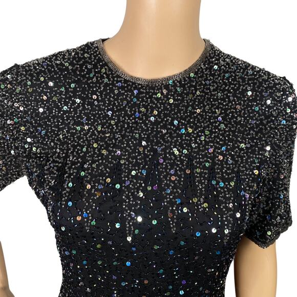 Patra Vtg Black Silver Iridescent Beaded Sequin Short Sleeve Blouse SZ PS - Picture 2 of 11